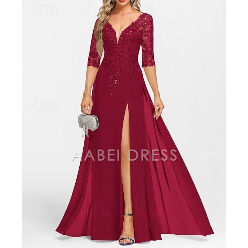 AABEI DRESS Wedding Guest Dress Exquisite A-Line V Neck Half Sleeve with Appliques Split Front Floor Length Mother of the Bride Dress