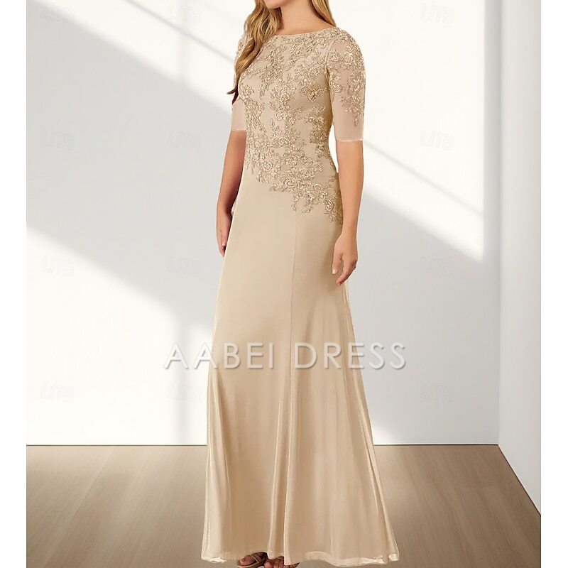 AABEI DRESS Wedding Guest Dress Mermaid  Elegant Crew Neck Floor Length Chiffon Half Sleeve with Appliques Mother of the Bride Dress