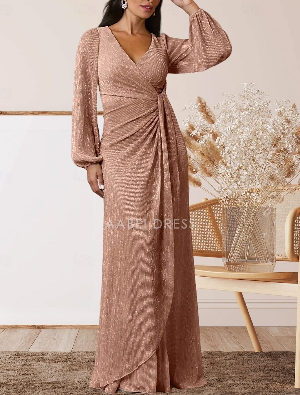 AABEI DRESS Wedding Guest Dress Elegant A-Line V Neck Sweet Floor Length Chiffon Long Sleeve with Ruffles Mother of the Bride Dress