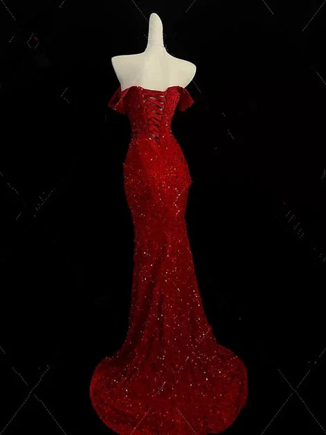 Red Sequin Mermaid Off-the-Shoulder Lace-up Floor-Length Dress Back View - Aabei Dress