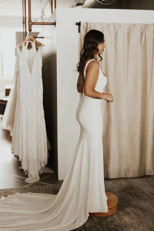 Elegant Square Neck Backless Mermaid Cultivate oneself Long Wedding Dress