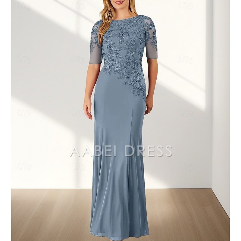 AABEI DRESS Wedding Guest Dress Mermaid  Elegant Crew Neck Floor Length Chiffon Half Sleeve with Appliques Mother of the Bride Dress