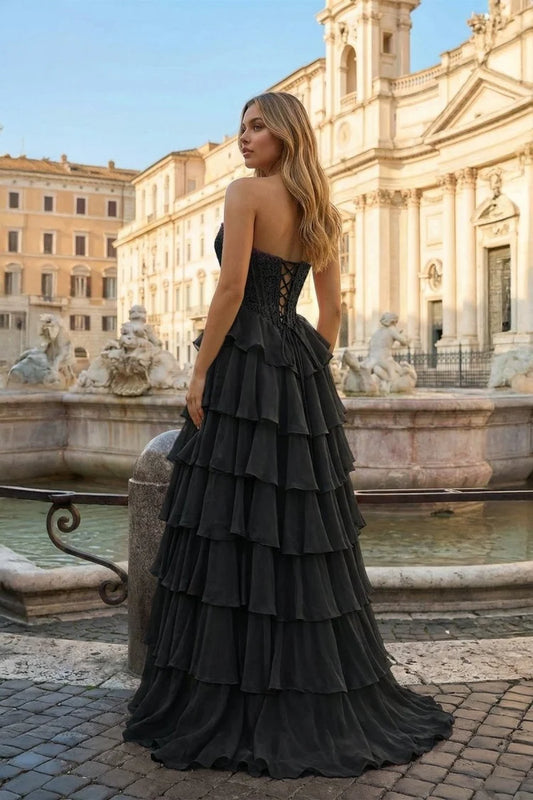 Black Strapless Sweetheart Prom Dress Lace Up Back Tiered Ruffle Formal Gown