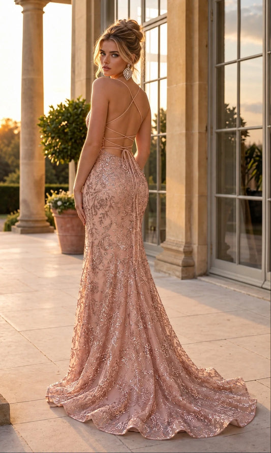 Rose Gold Sequin Mesh Mermaid V-Neck Lace-Up Back Floor-Length Dress Back View - Aabei Dress