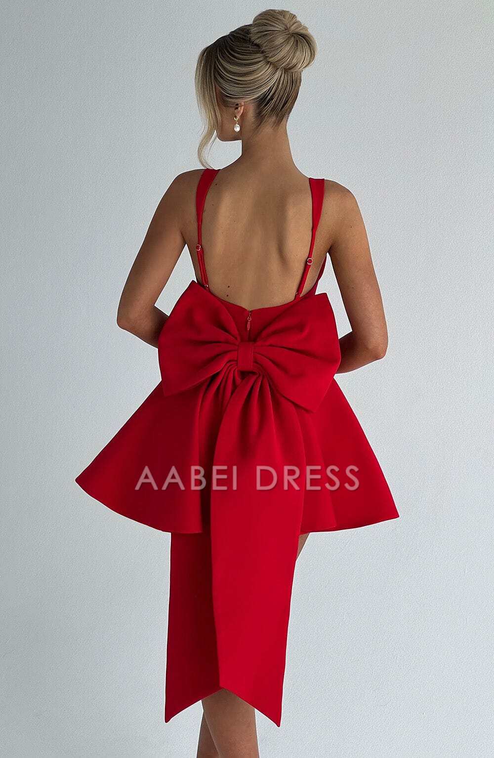 AABEI DRESS Hot Sale Homecoming Dress Exquisite Red A Line Square Neckline Boning Bodice Adjustable Shoulder Straps Backless Bow Mini Dress Cute Short Prom Dresse