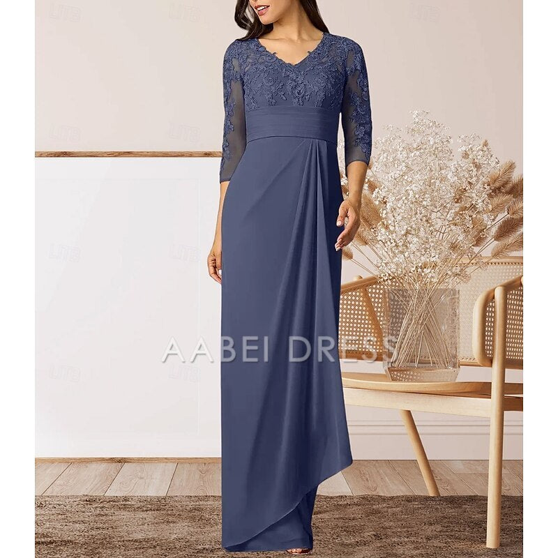 AABEI DRESS Wedding Guest Dress Elegant Sheath V Neck 3/4 Length Sleeve High Split Floor Length with Ruffles Appliques Ruching Mother of the Bride Dress