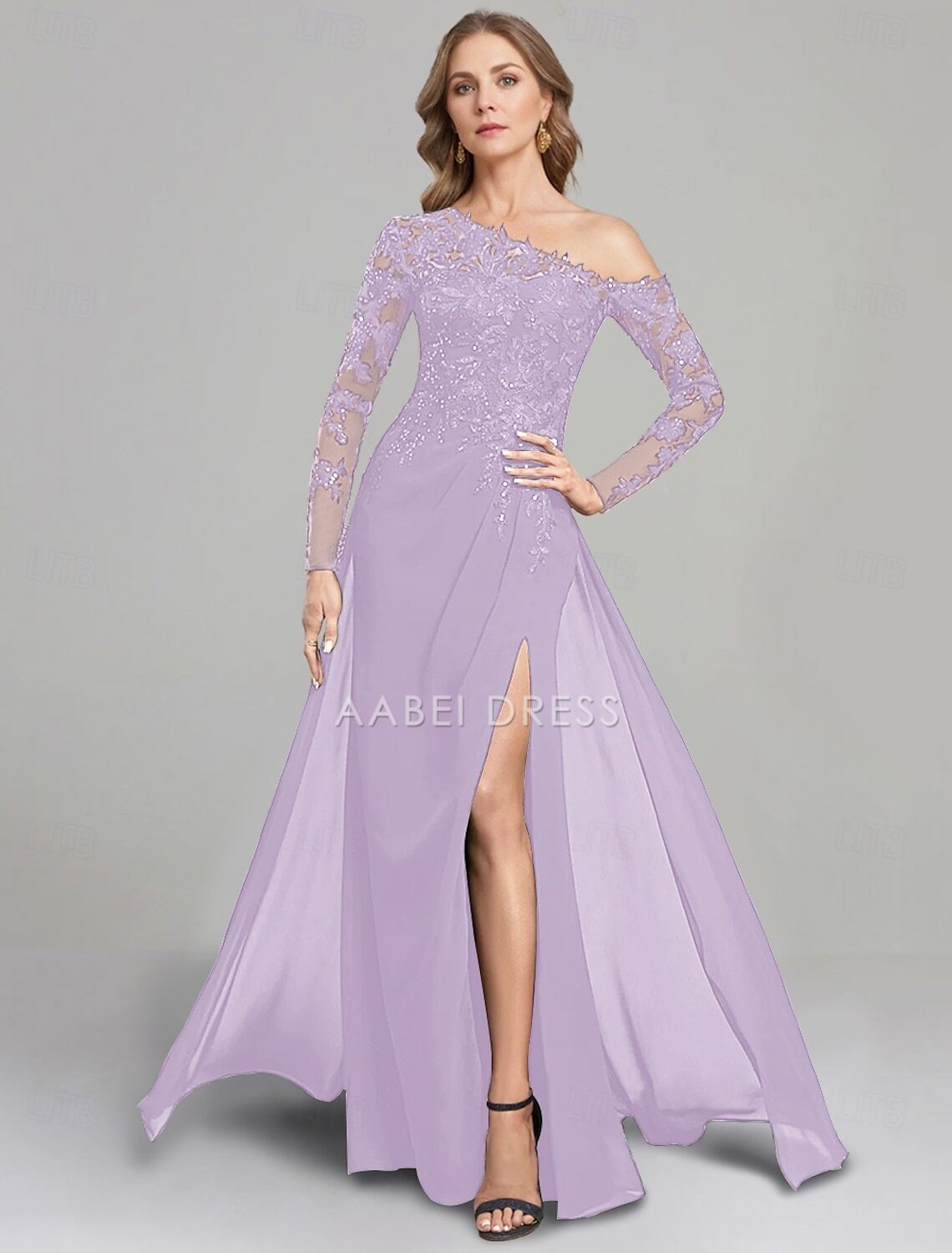 AABEI DRESS Wedding Guest Dress Elegant Sheath One Shoulder Floor Length Side Fork Chiffon Long Sleeve Lace Mother of the Bride Dress