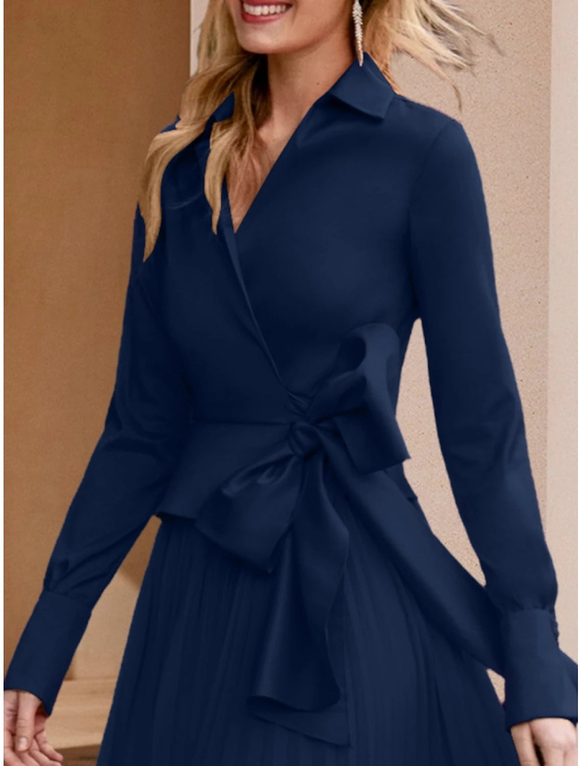 Wedding Guest Elegant V Neck Floor Length Stretch Chiffon Long Sleeve with Bow(s) Solid Color Mother of the Bride Dress 