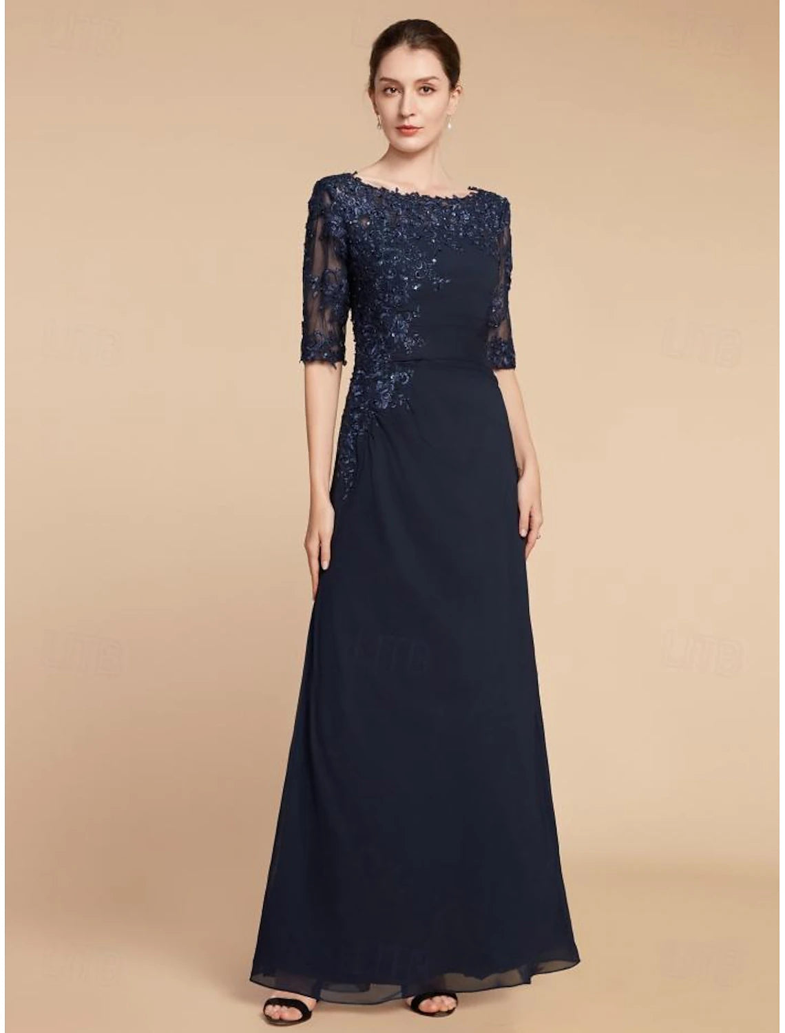 Column Wedding Guest Elegant Scoop Neck Ankle Length Chiffon Lace Half Sleeve with Sequin Solid Color Mother of the Bride Dress 