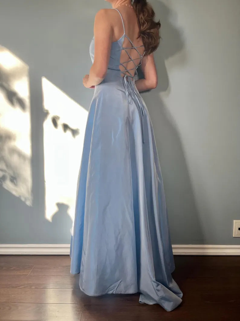 Evening Dress Spaghetti Strap Square Neck Backless Lace up Elegant Simple Formal Wear Dresses