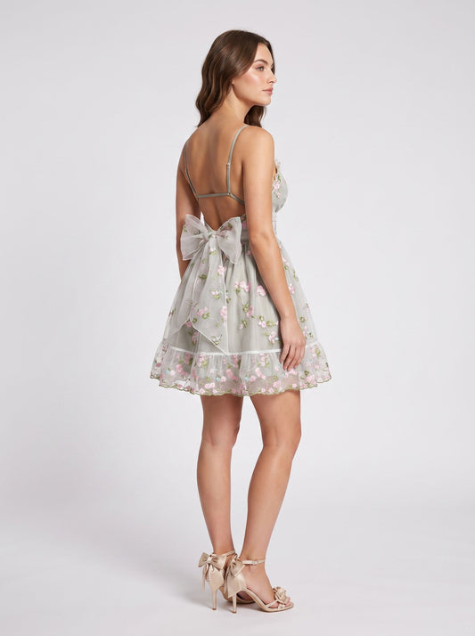 Sage Green Mesh a-line v-neck low-back above-knee Dress - Aabei Dress
