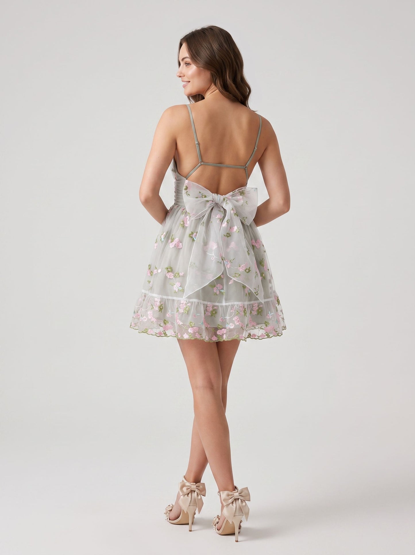 Sage Green Mesh a-line v-neck low-back above-knee Dress - Aabei Dress