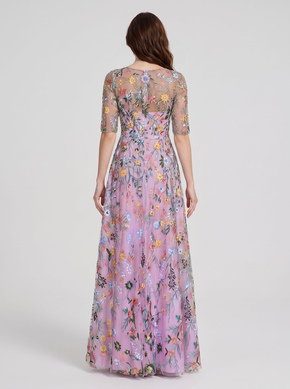 Sage Green Mesh with Floral Embroidery A-Line Illusion Neck Floor-Length Dress - Aabei Dress