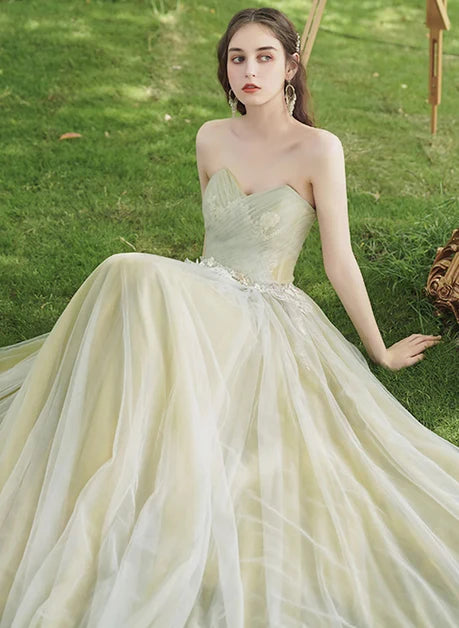 Sage Green Tulle A-Line Sweetheart Lace-up Floor-Length Dress - Aabei Dress