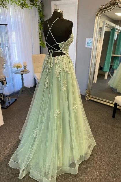 Sage Green Tulle A-Line V-Neck Criss-Cross Straps Floor-Length Dress Back View - Aabei Dress