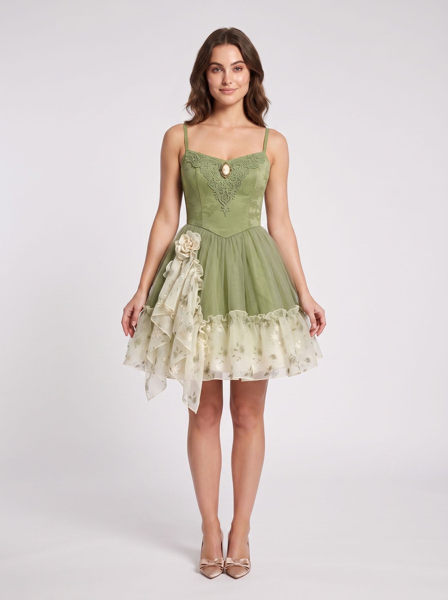 Sage Green Tulle and Lace A-Line Sweetheart Zipper Back Above Knee Dress - Aabei Dress