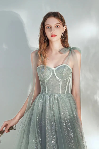 Sage Green Tulle & Glitter Fabric A-Line Sweetheart Ankle-Length Dress - Aabei Dress