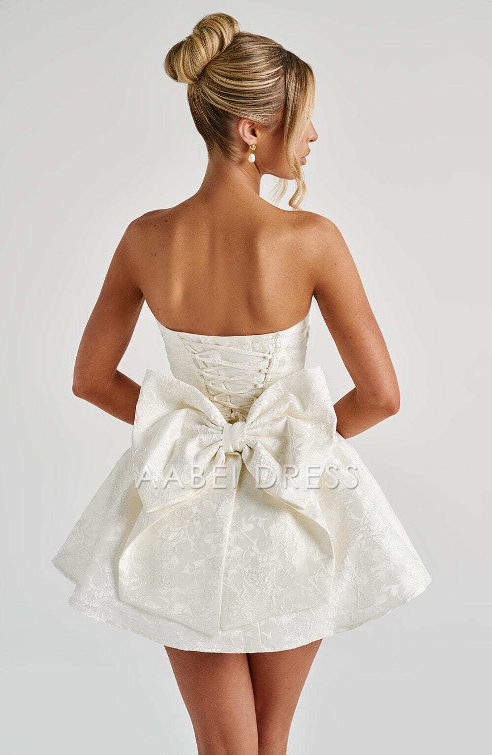 AABEI DRESS Hot Sale Homecoming Dress Fashion Floral Jacquard Fabric A Line Strapless Bow Back Mini Dress Retro Short Prom Dresse
