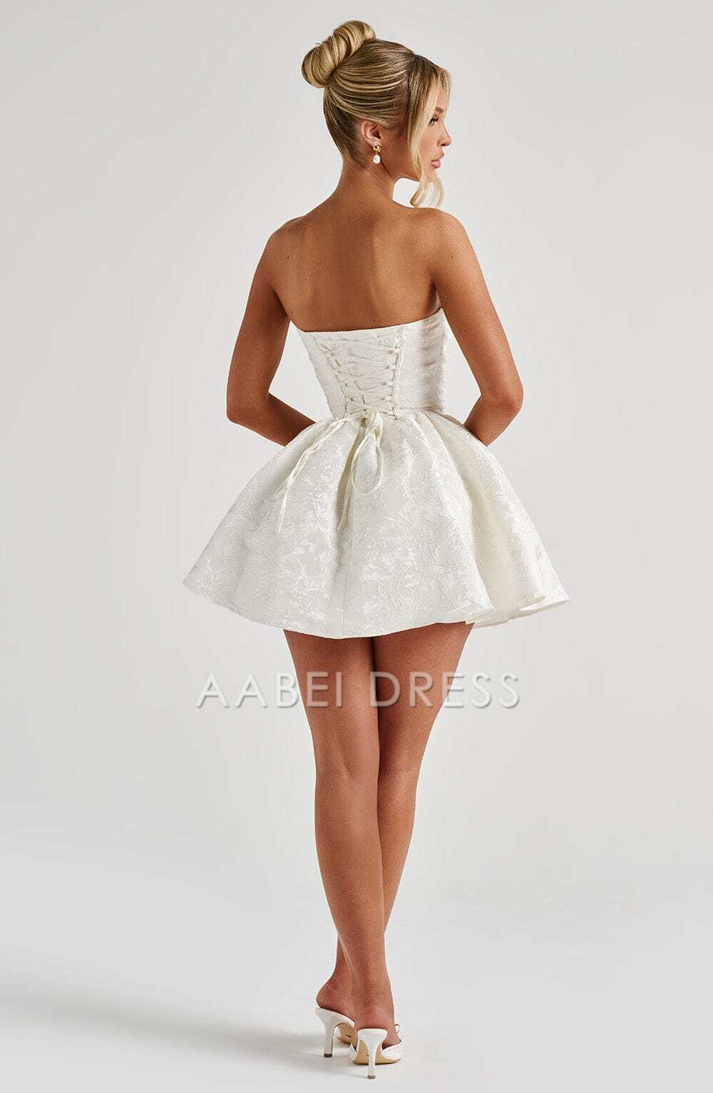 AABEI DRESS Hot Sale Homecoming Dress Fashion Floral Jacquard Fabric A Line Strapless Bow Back Mini Dress Retro Short Prom Dresse