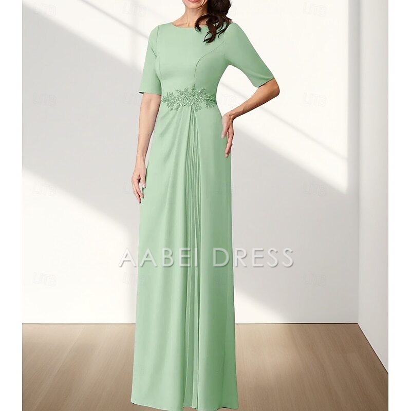 AABEI DRESS Wedding Guest Dress Exquisite A-Line Crew Neck Half Sleeve Appliques Ruching Floor Length Elegant Mother of the Bride Dress