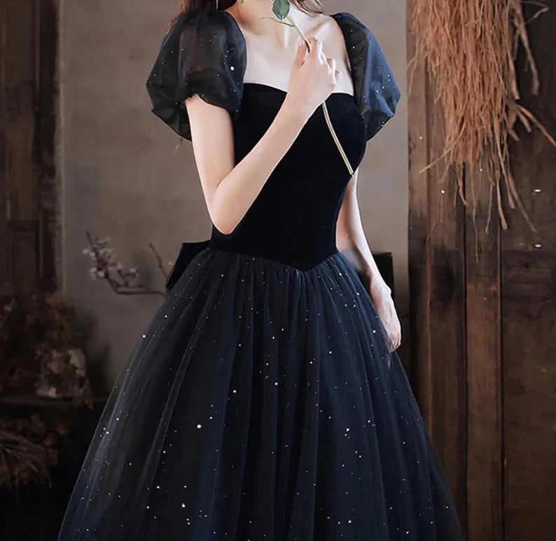 Evening Dress Sweetheart Neck Puff Sleeve Tulle Sequin Longuette Fantastic Elegant Formal Wear Dresses