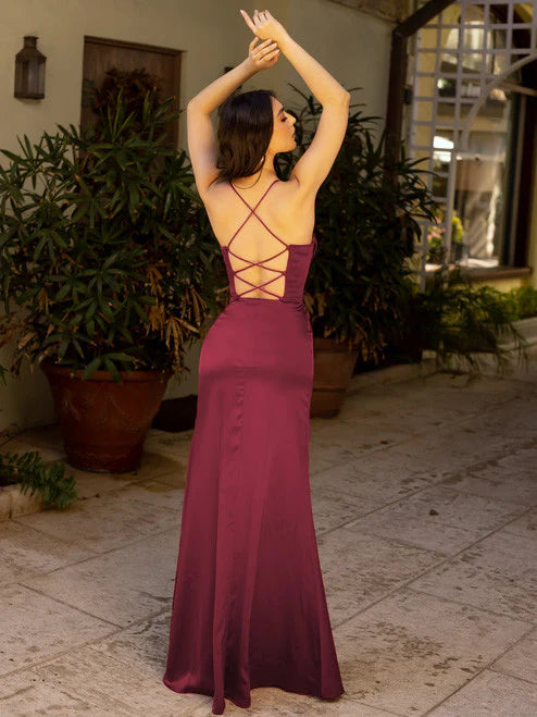 Evening Dress Fitted Sleeveless Cowl Neckline Corset Bodice Secured Spaghetti Straps Open Corset Back Adjustable Lace Up Back Detail Formal Wear Dresses