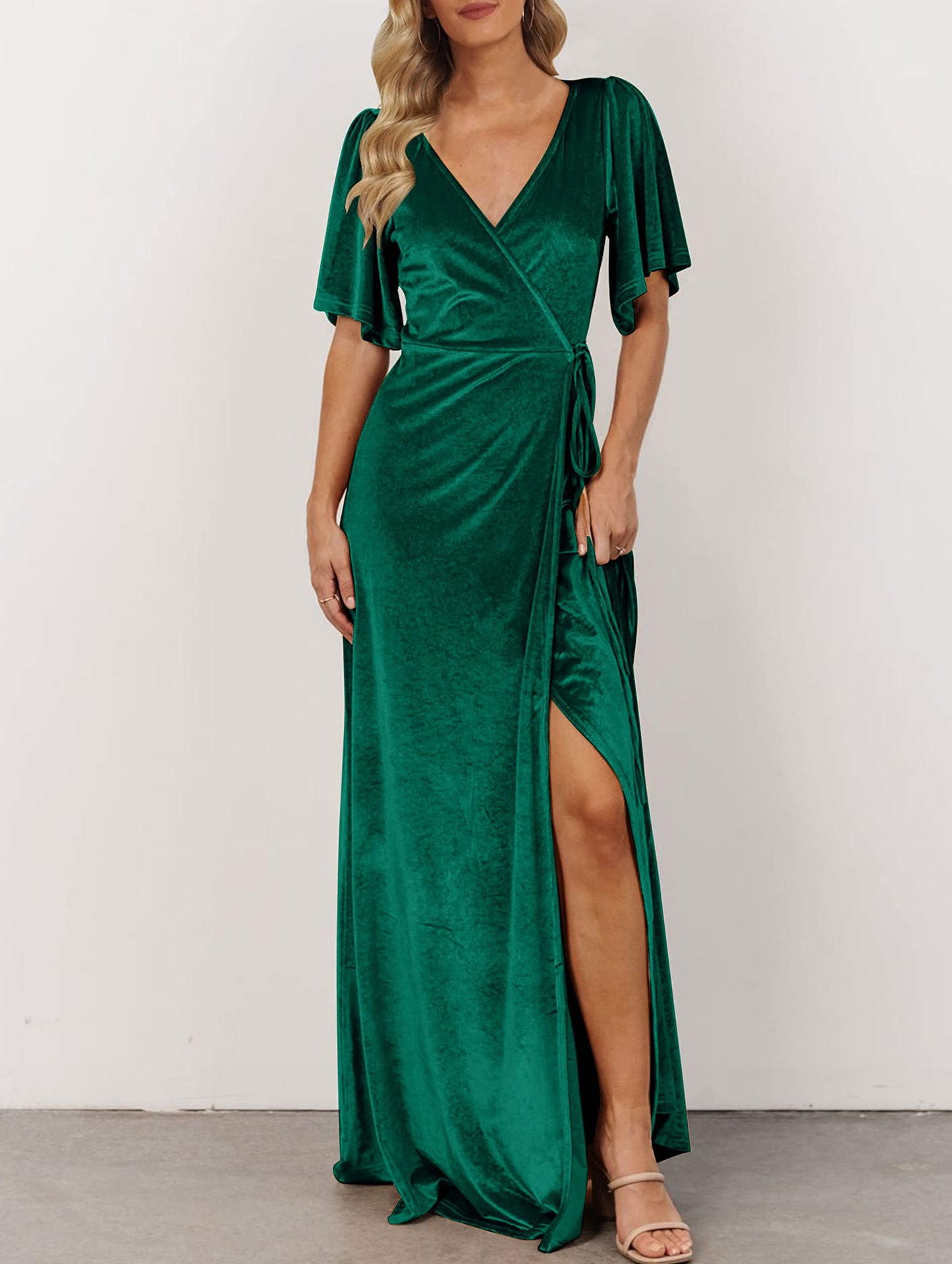 Evening Dress Women's V Neck Wrap Velvet Maxi Dress Slim Wrap Tie Waist Formal Wear Dresses Wedding Guest Dress