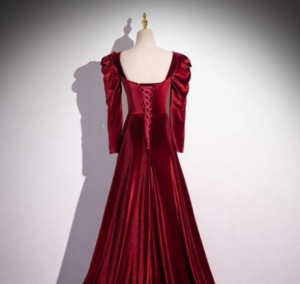 Autumn Winter Velvet Elegant Dress Long Sleeve Pleats Square Neck Gorgeous Evening Dress