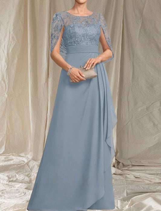 AABEI DRESS Wedding Guest Dress Elegant A-Line Crew Neck Lace Short Sleeve Ruching Floor Length Fashion Mother of the Bride Dress