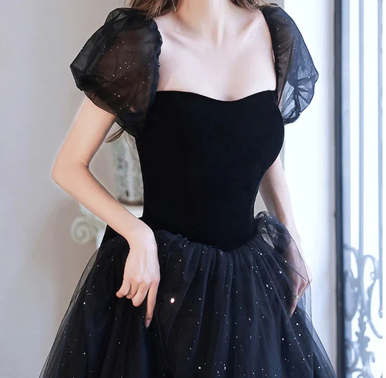 Evening Dress Sweetheart Neck Puff Sleeve Tulle Sequin Longuette Fantastic Elegant Formal Wear Dresses