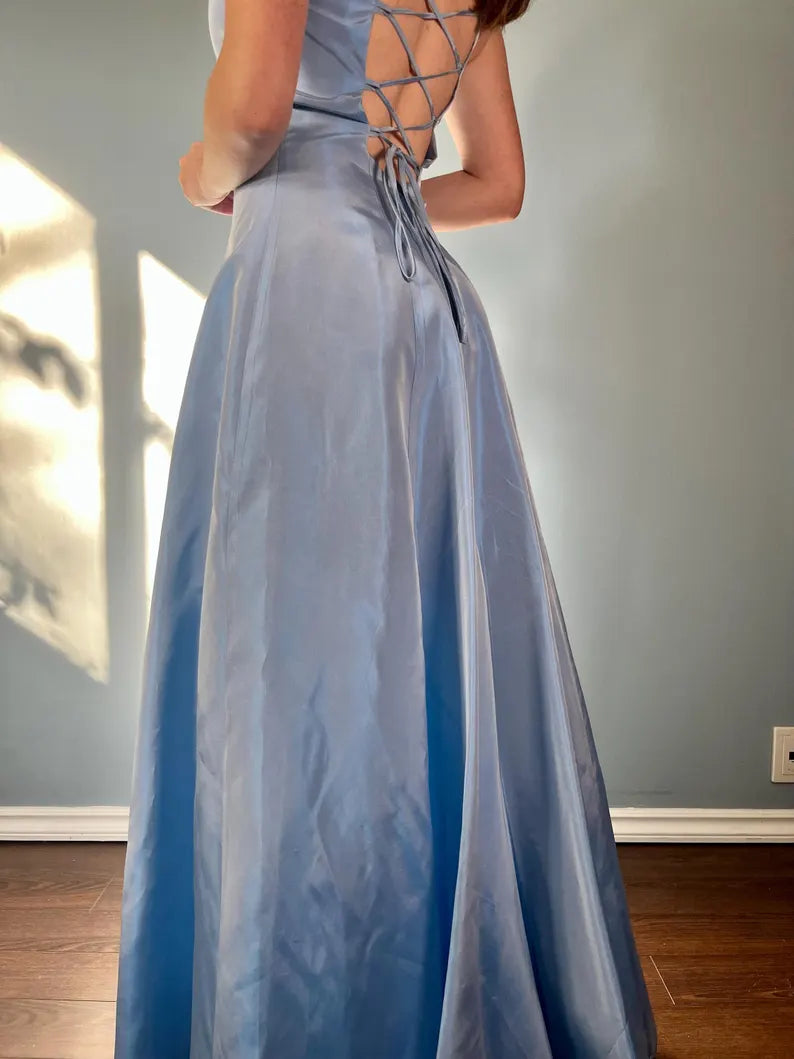 Evening Dress Spaghetti Strap Square Neck Backless Lace up Elegant Simple Formal Wear Dresses