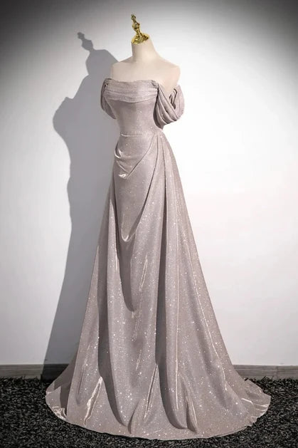 Silver Glitter Fabric A-Line Off-the-Shoulder Lace-Up Back Floor-Length Dress - Aabei Dress