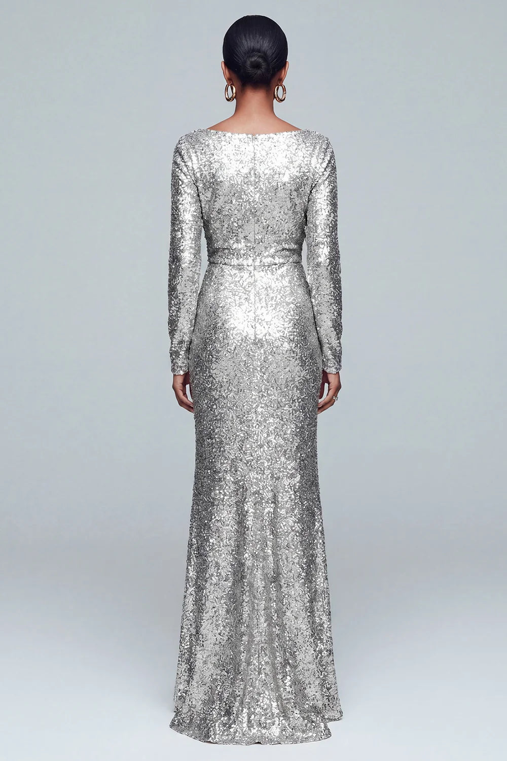 Silver Sequin sheath-column plunging-v-neck zipper-back floor-length Dress Back View - Aabei Dress