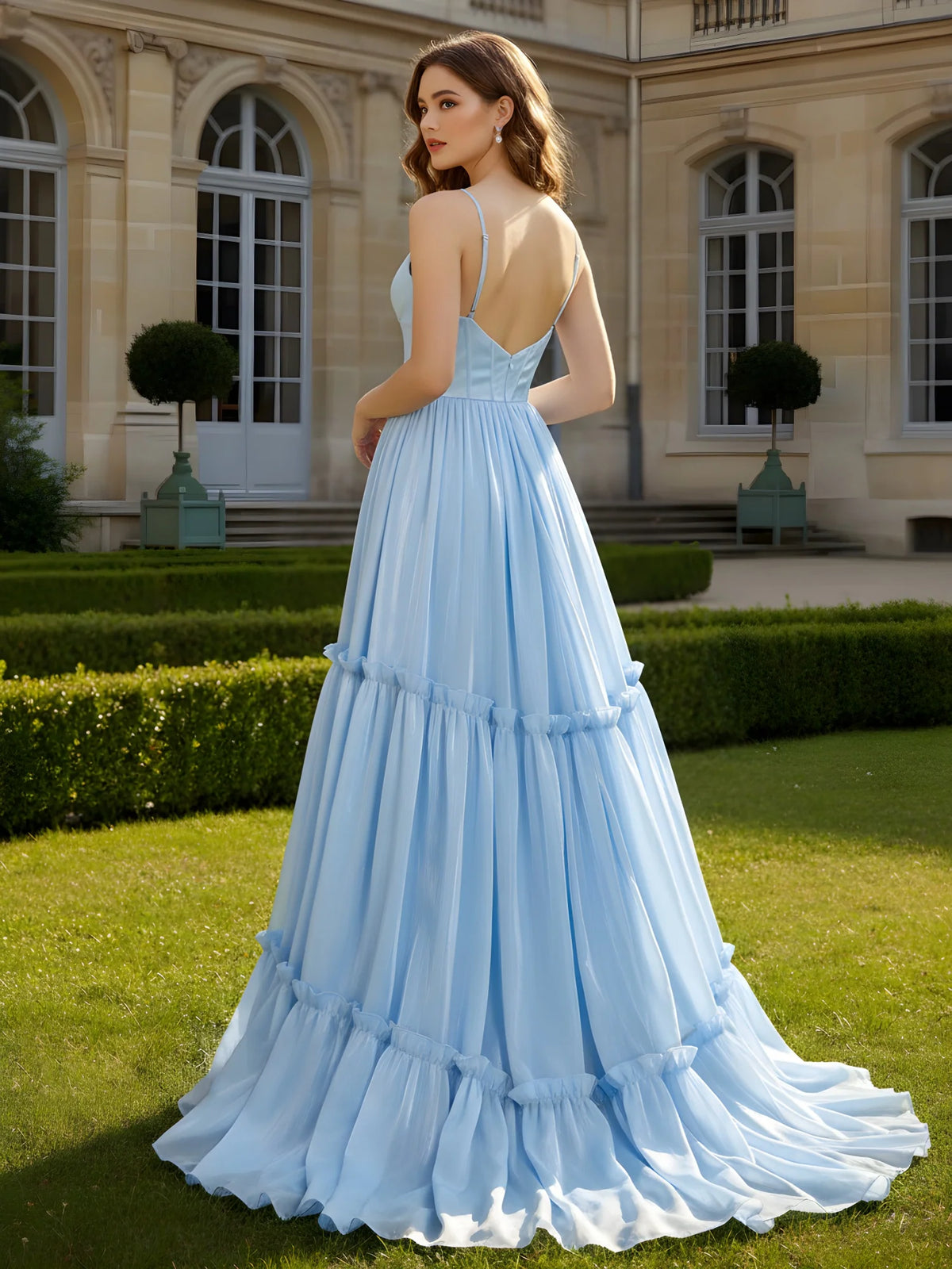 Sky Blue Chiffon tiered v-neck v-back floor-length Dress Back View - Aabei Dress