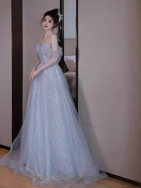 Sky Blue Glitter Tulle A-Line Sweetheart Lace-Up Back Floor-Length Dress - Aabei Dress