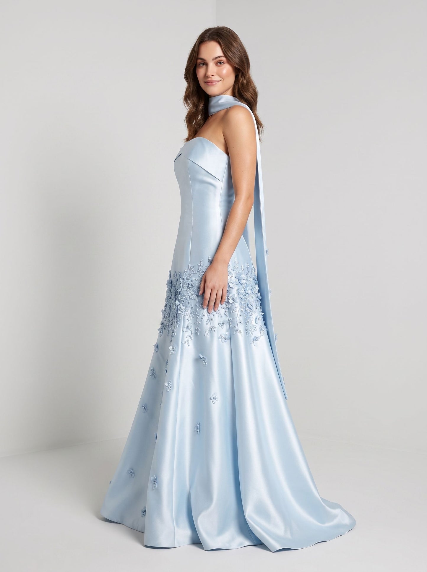 Sky Blue Satin A-line Straight Across Zipper Back Floor Length Dress - Aabei Dress