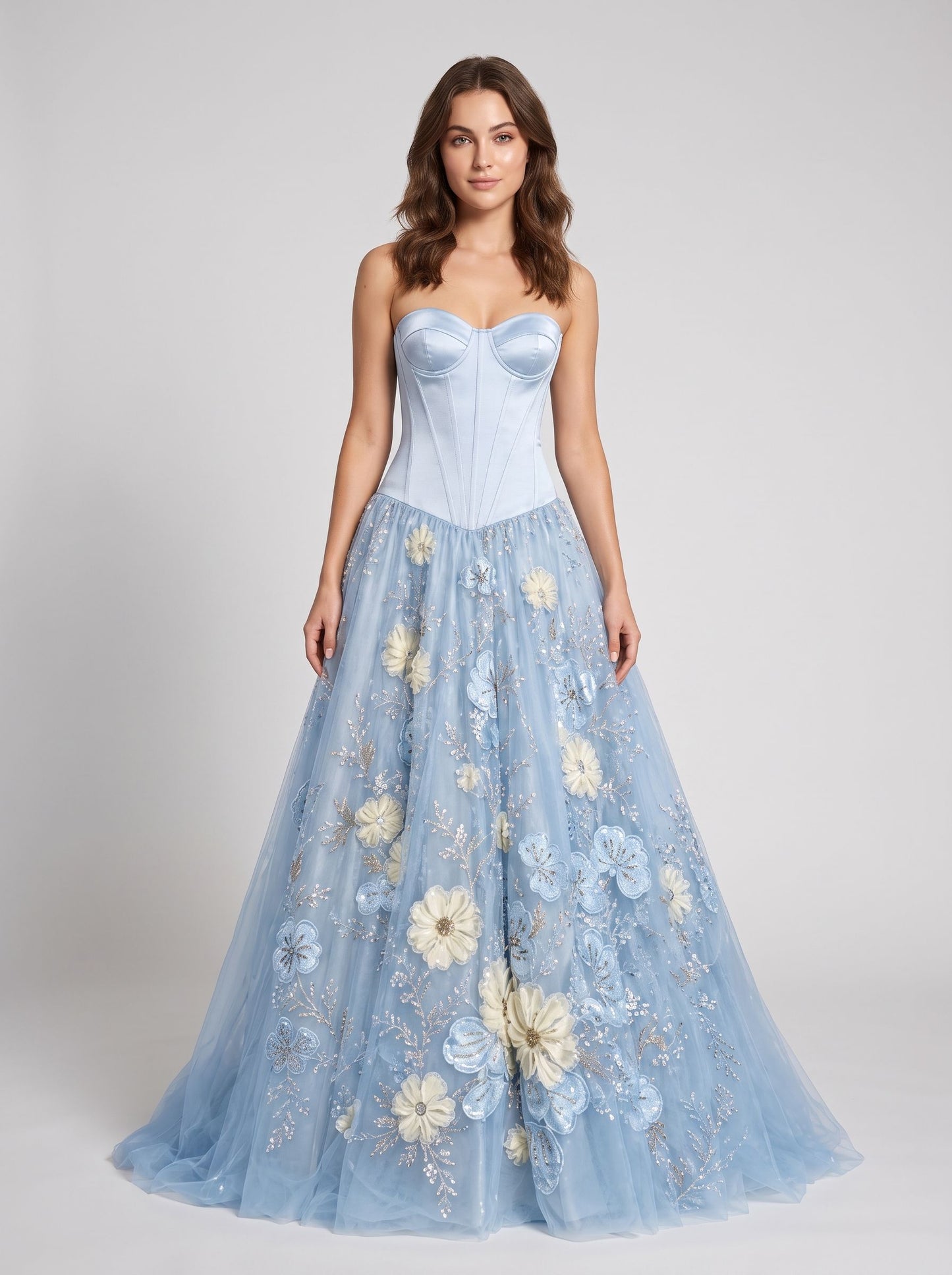 Sky Blue Satin and Tulle A-line Sweetheart Lace-up Back Floor Length Dress - Aabei Dress