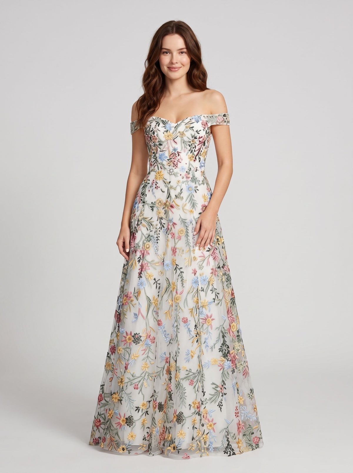 Sky Blue Tulle A-Line Off the Shoulder Zipper Back Floor Length Dress - Aabei Dress