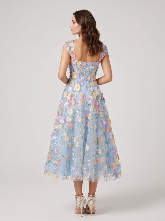 Sky Blue Tulle A-Line Square Neck Zipper Back Tea-Length Dress - Aabei Dress