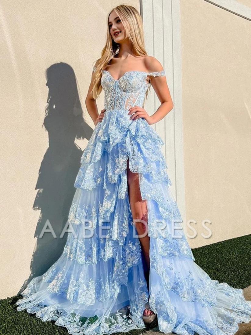 AABEI DRESS A LineTulle Off the Shoulder Sweetheart Tiered Ruffles Prom Dresses With Split Sleeveless Corset Ball Gowns Long Evening Dress