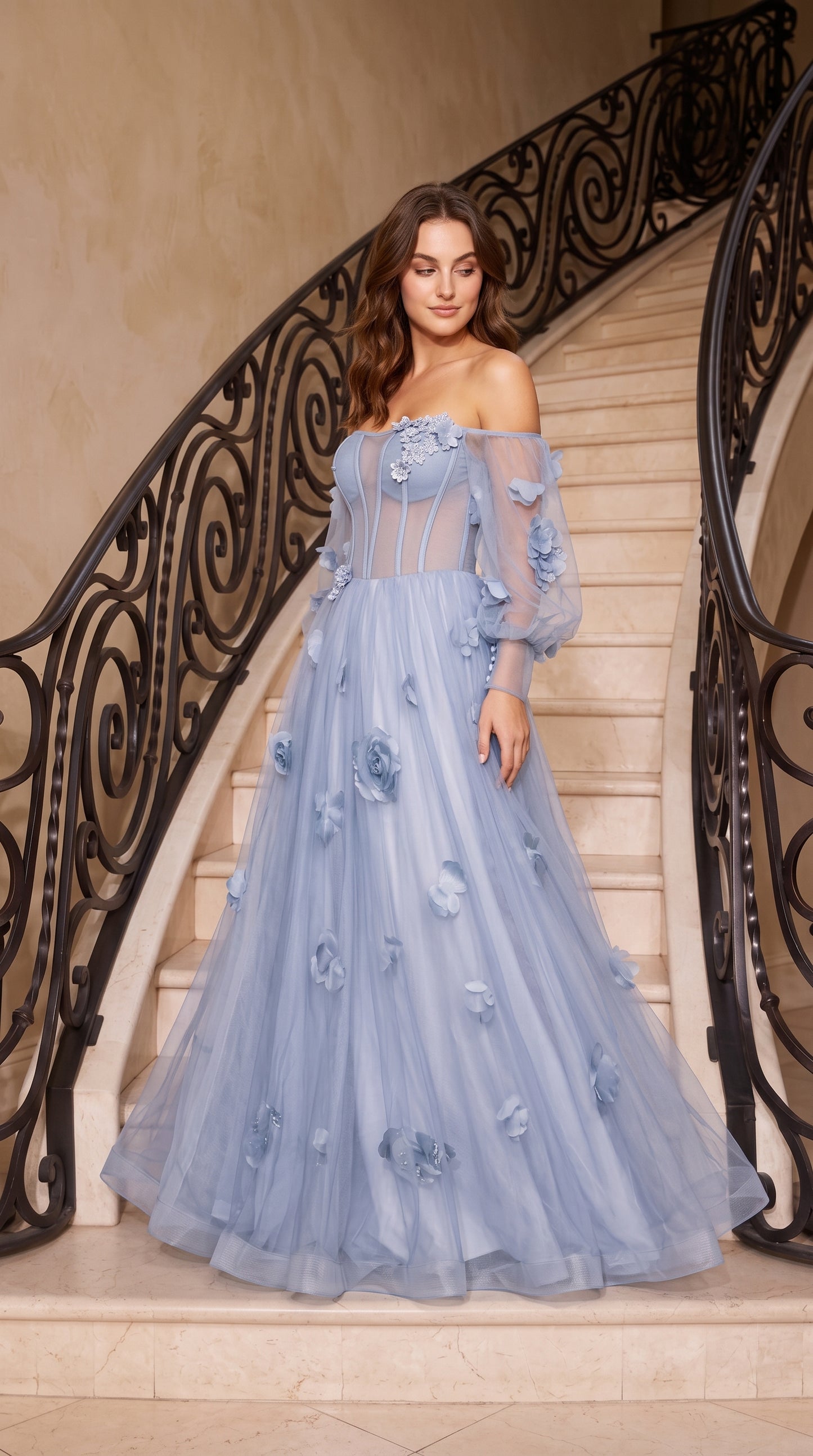 Slate Blue Tulle a-line off-the-shoulder lace-up-back floor-length Dress - Aabei Dress
