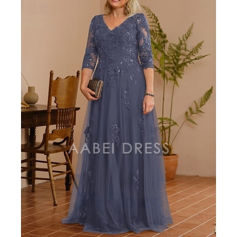 AABEI DRESS Wedding Guest Dress Elegant A-Line V Neck 3/4 Length Sleeve Floor Length Lace Applique Tulle Sparkle Mother of the Bride Dress