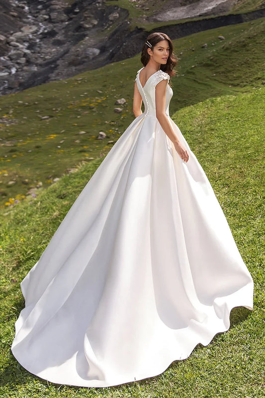 Timeless Ball-Gown Boat-Neck Cap-Sleeve Lace-Up-Back Train-Length Wedding Dress