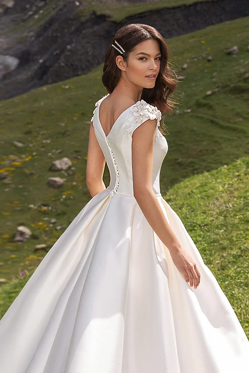 Timeless Ball-Gown Boat-Neck Cap-Sleeve Lace-Up-Back Train-Length Wedding Dress