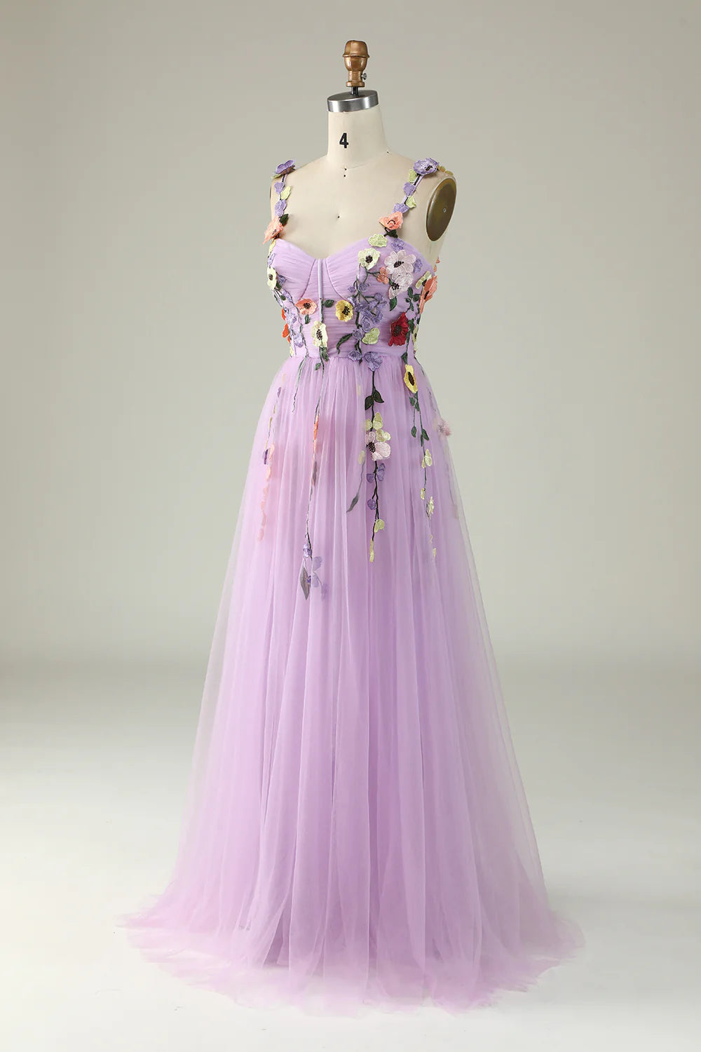 Prom Dress A Line Spaghetti Straps Tulle With 3D Flowers Backless Sweet Formal Wear Dresses