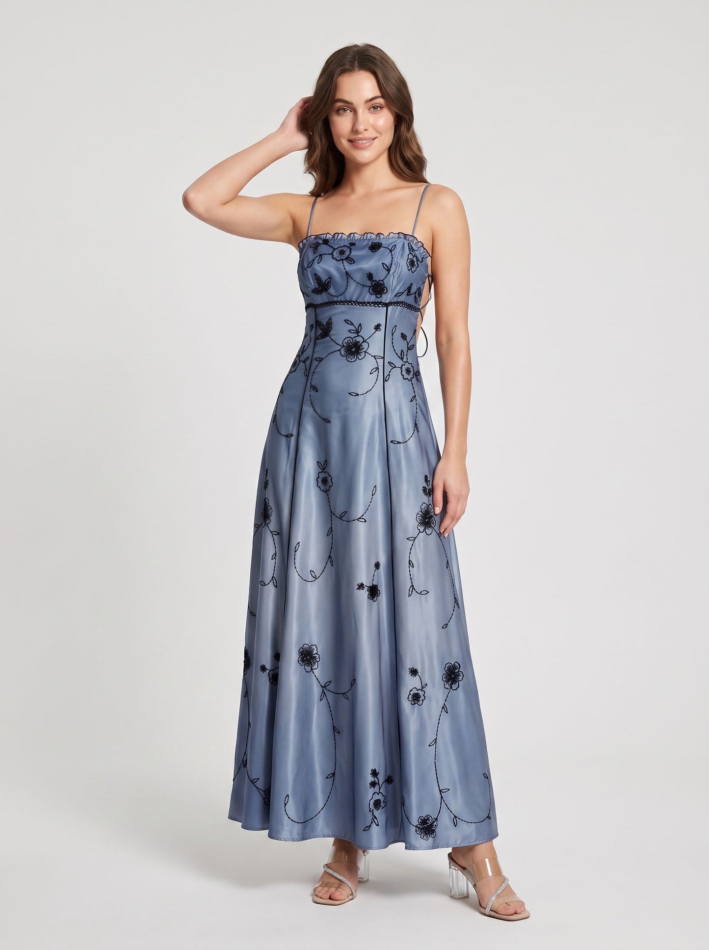 Steel Blue Satin and Embroidered Mesh A-Line Straight Across Ankle-Length Dress - Aabei Dress