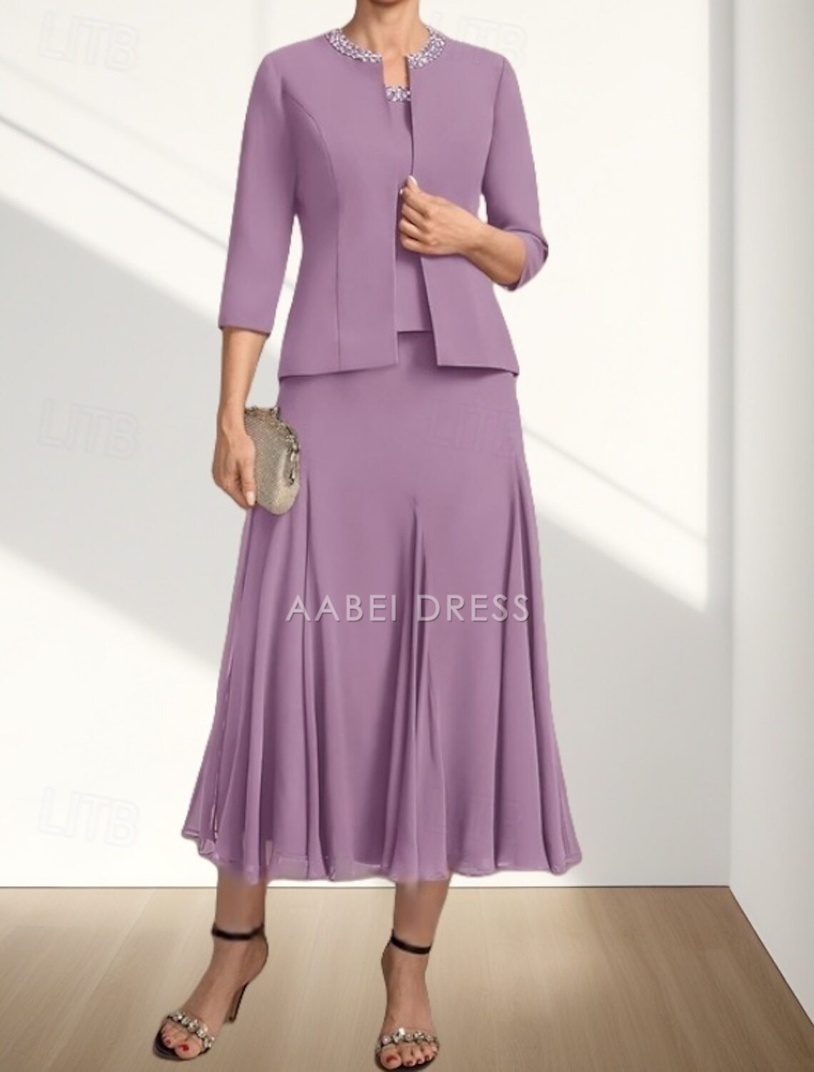 AABEI DRESS Wedding Guest Dress Elegant A-Line Crew Neck Two Piece Tea Length Chiffon 3/4 Length Sleeve with Beading Fashion Mother of the Bride Dress