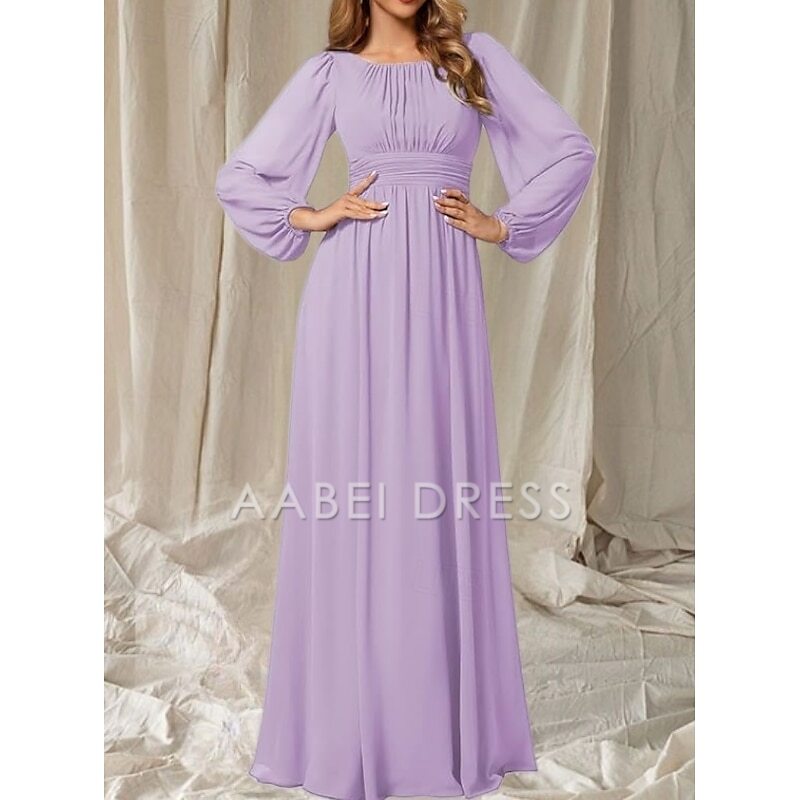 AABEI DRESS Wedding Guest Dress Elegant A-Line Crew Neck Long Sleeve Floor Length Chiffon Ruching Simple Mother of the Bride Dress