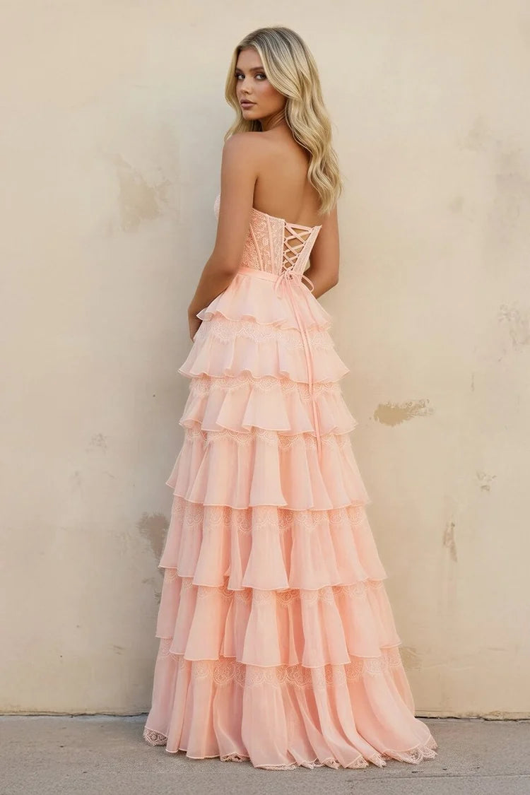 Blush Spaghetti Strap Corset Gown Lace Bodice Tiered Ruffle High Slit Bow Lace Up Back Prom Dress