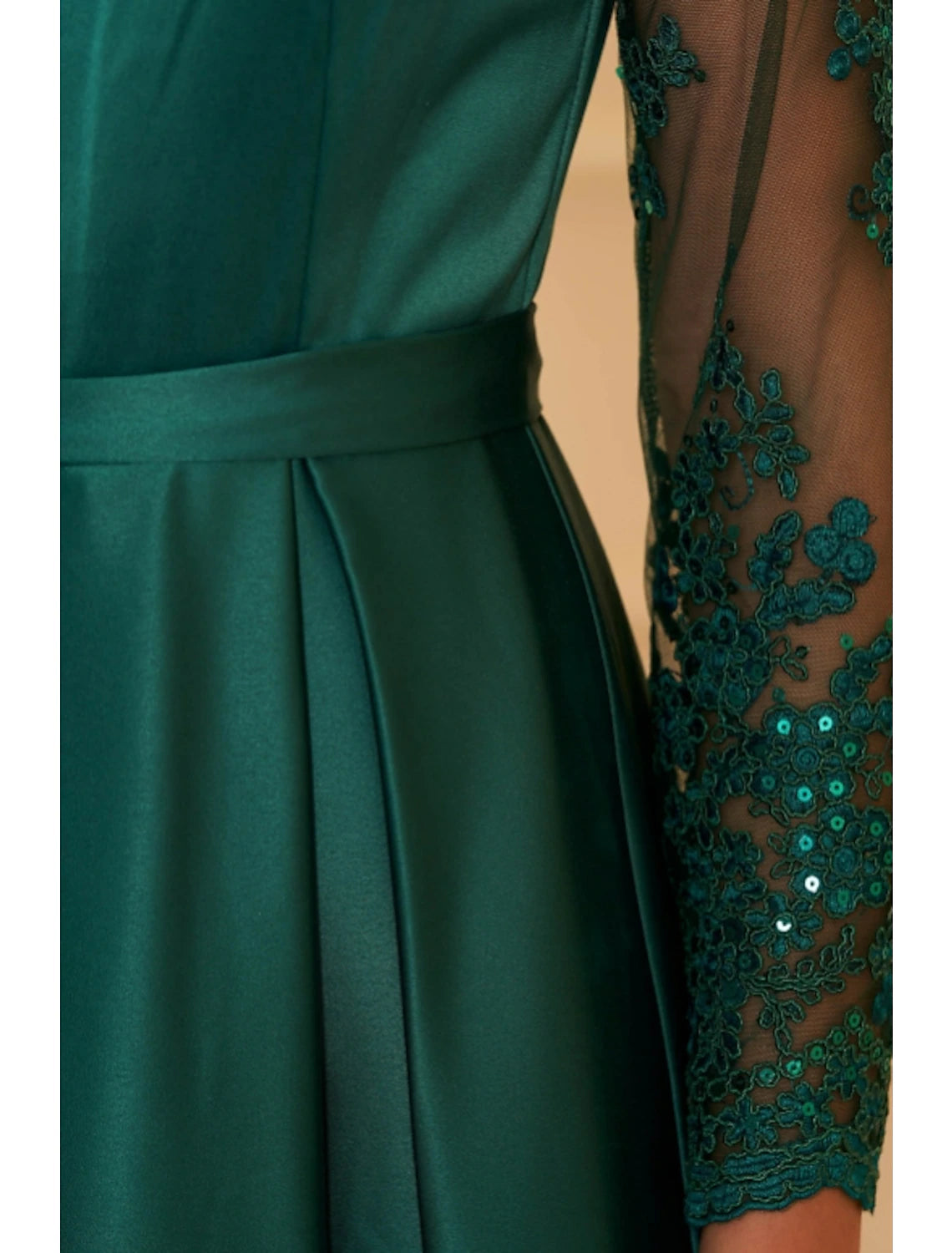 A-Line Evening Gown Empire Dress Christmas Wedding Guest Floor Length Long Sleeve Jewel Neck Satin with Appliques Split Front Mother of the Bride Dresses